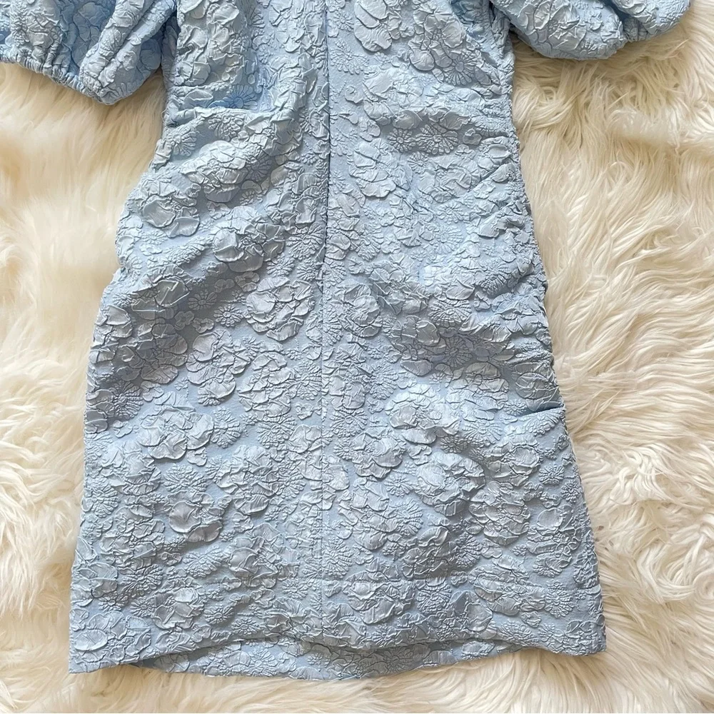 GANNI Sky Blue Jacquard Puff Sleeve Ruched Mini Dress NWT EU 34 US 2 XS - Picture 13 of 16